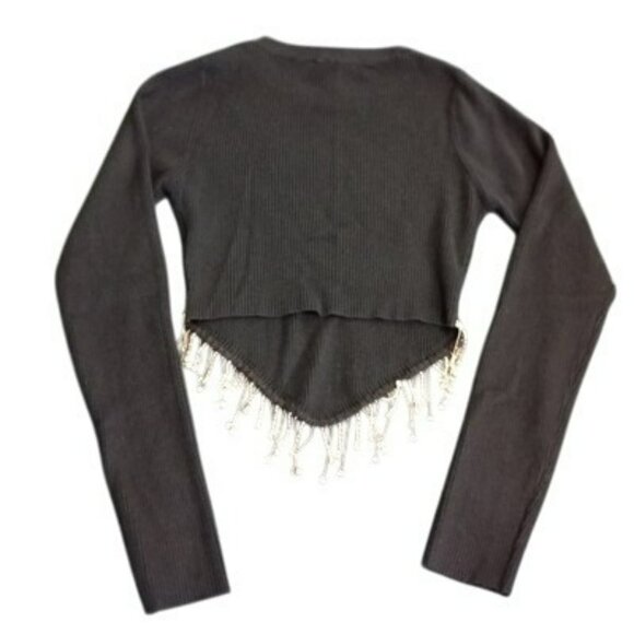 Top With Rhinestone Fringe Hem Black Ribbed Long-Sleeve Womens - Picture 2 of 9